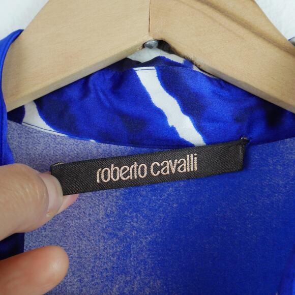 Roberto Cavalli 48 Blouse 100% Silk Blue Print Statement Sleeve Luxury Elegant - Picture 2 of 12